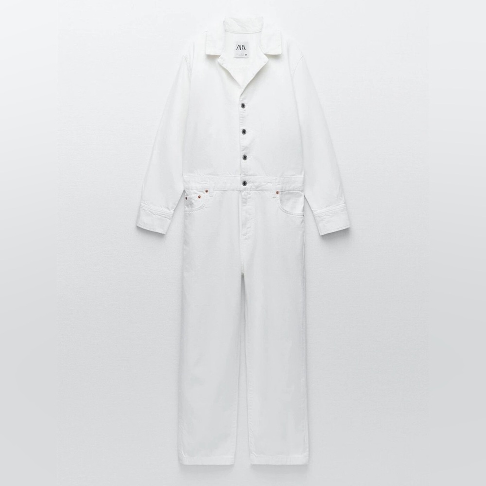 Zara White Denim Jumpsuit Long Sleeve Wide Leg Women’s Size Small